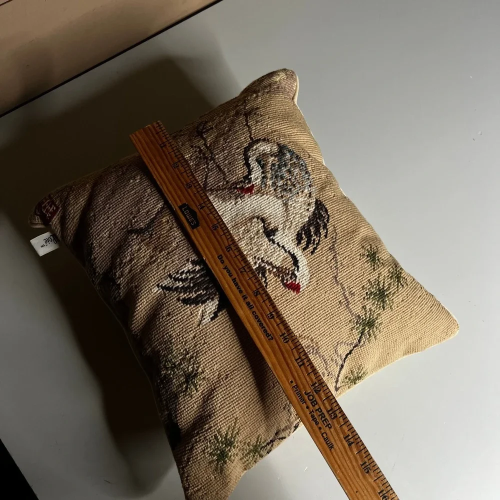 Loie Vintage Needlepoint Crane Bird Throw Pillow Velvet Back 10x10 Decorative